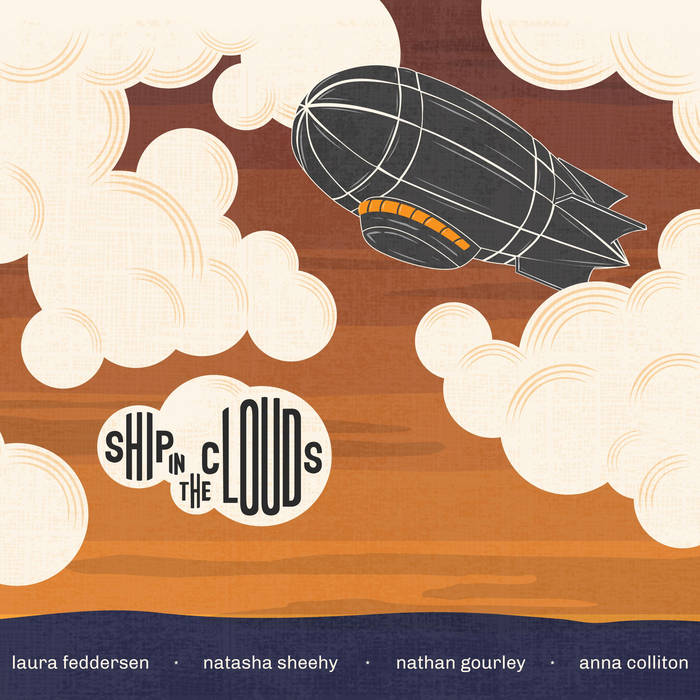 An illustration of a zeppelin flying through clouds