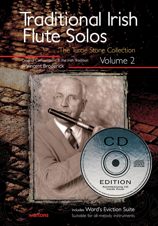 Book cover of 'Traditional Irish Flute Solos' with a portrait and CD, featuring Vincent Broderick.