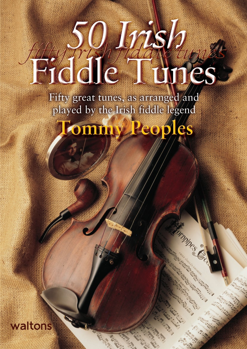 Book cover of '50 Irish Fiddle Tunes' with a violin and music sheet on a brown background