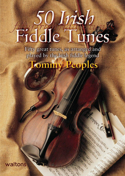 Book cover of '50 Irish Fiddle Tunes' with a violin and music sheet on a brown background