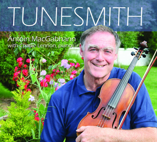 Album cover for 'Tunesmith' featuring a man holding a violin with flowers and greenery in the background.