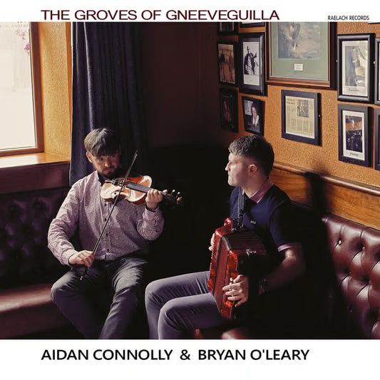 Two musicians playing violin and accordion in a room with framed pictures on the wall.