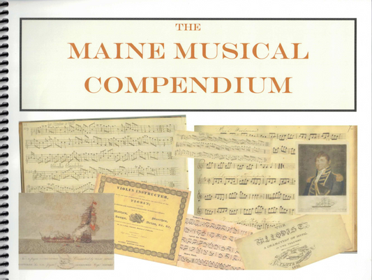 Book titled 'The Maine Musical Compendium' with vintage sheet music pages.