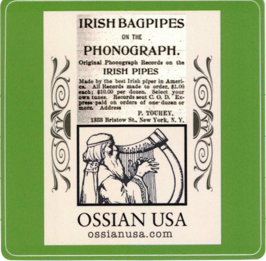 Advertisement for Irish bagpipes on the phonograph with decorative elements and text.