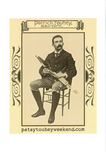 Vintage-style portrait of a man holding uilleann pipes with decorative elements and text on a yellow background.