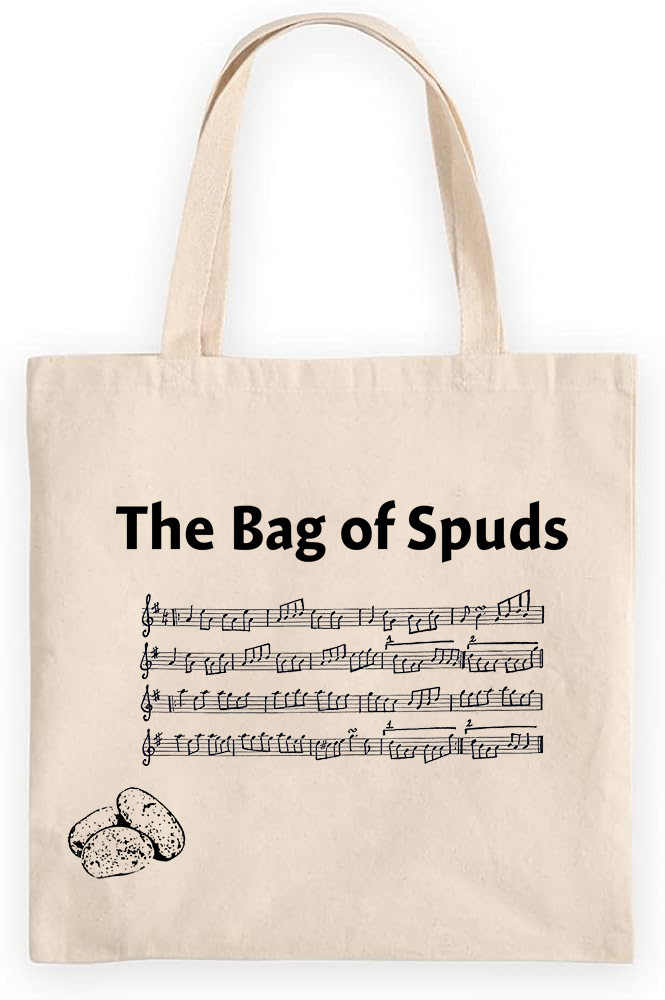 Beige tote bag with 'The Bag of Spuds' text and musical notes on a white background