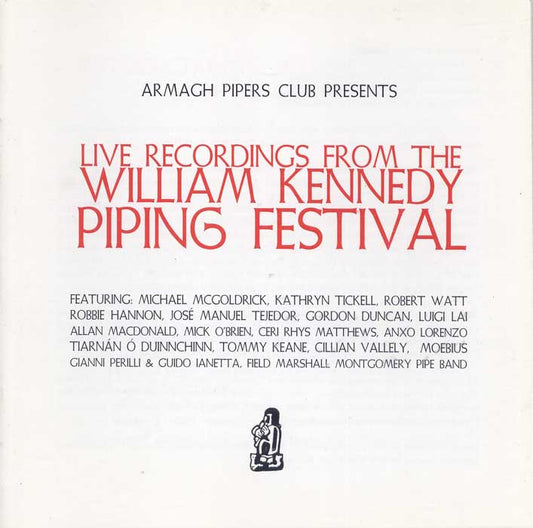 Album cover for 'Live Recordings from the William Kennedy Piping Festival' presented by Armagh Pipers Club, featuring a white background with red and black text and a small black illustration at the bottom.