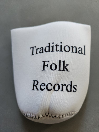 White beer koozie with the text Traditional Folk Records on a grey background